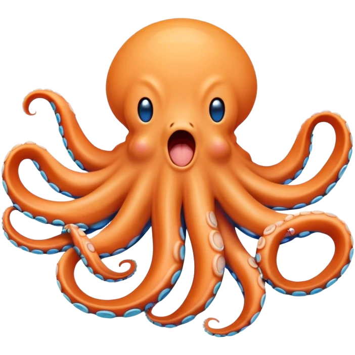 Cinematic Cute Yawning Octopus Portrait Emoji, Head tilted slightly with a dramatic, wide-open yawn, showcasing a plump, light orange body decorated with delicate blue rings and loosely draped arms with sleepy, half-closed eyes, Simplified yet irresistibly adorable features, highly detailed, glowing with a soft, cozy underwater glow, high shine, relaxed yet expressive, stylized with a hint of whimsical aquatic charm, soft glowing outline, capturing the essence of a drowsy yet affectionate octopus that appears ready to stretch and yawn its way out of the screen! emoji