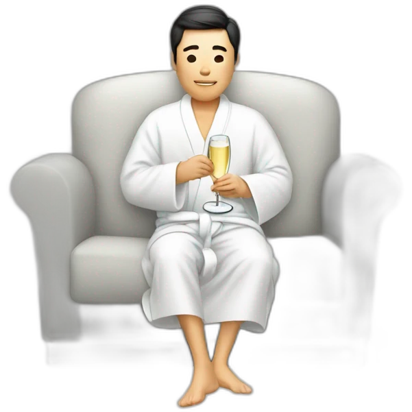 A Korean man in a bathrobe on the sofa with a glass of champagne emoji