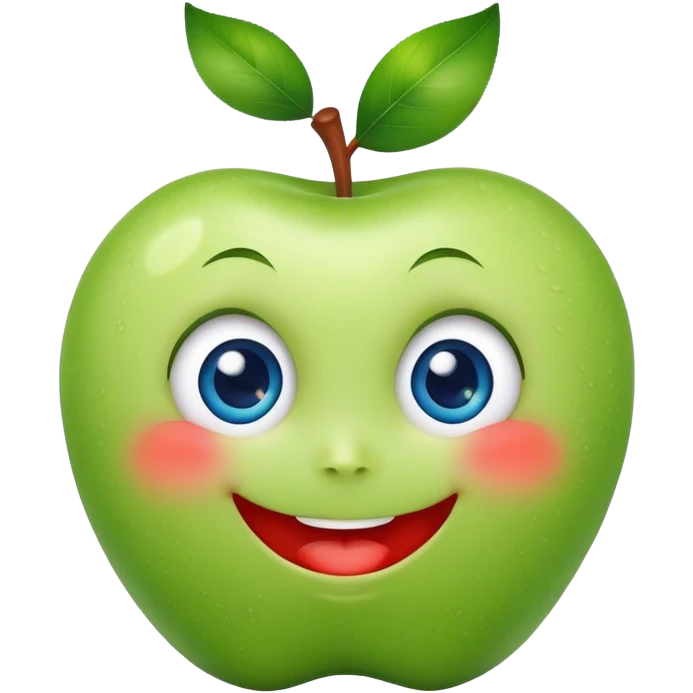 A cute green apple with a big smile and blue expressive big eyes emoji