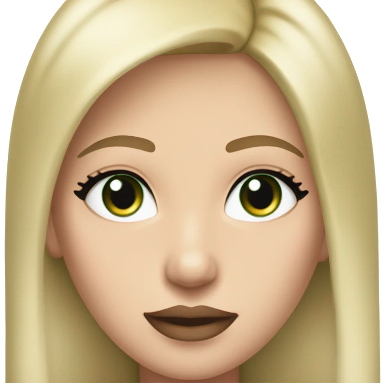 Caucasian woman, long blonde straight hair, dark greens eyes, pink lips, all black long sleeve, eyelashes emoji