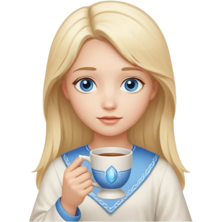 angelic blonde girl with middle length hair and blue eyes holds a cup emoji