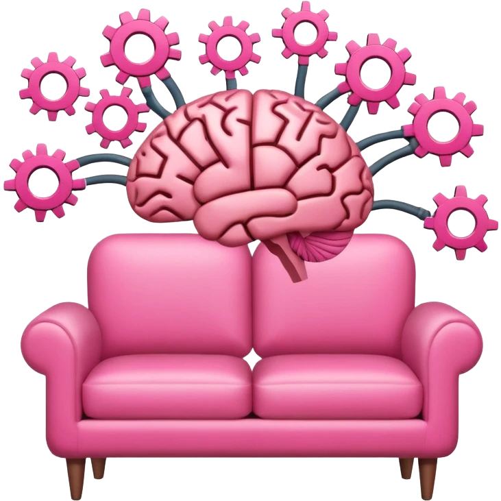 An icon featuring a brain with gears, a mind map, and a pink therapy couch, symbolizing psychology. The design includes a set of mental health tools, representing understanding the human mind. Transparent background emoji