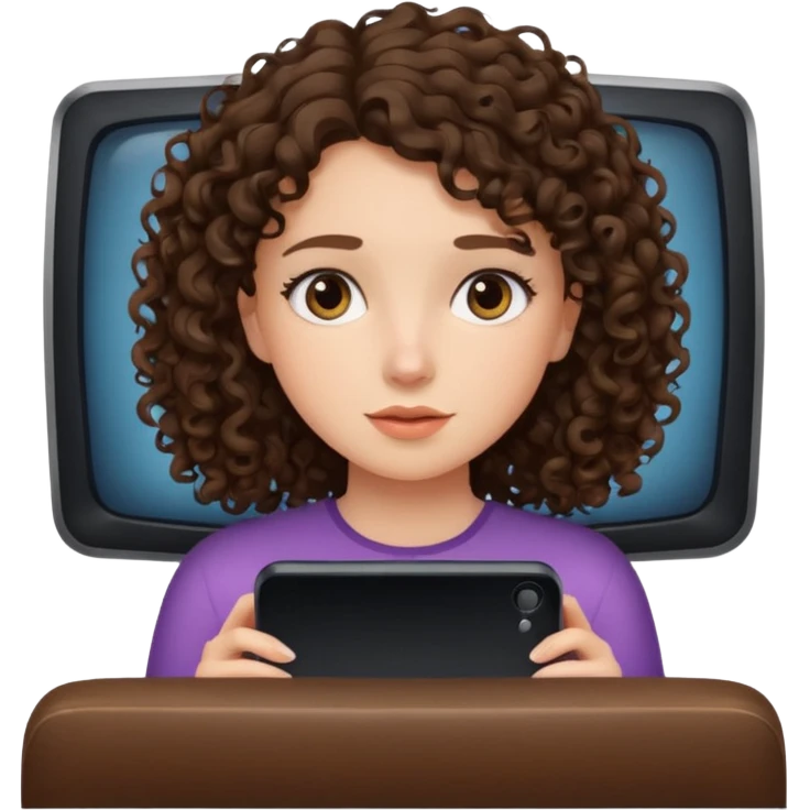 A girl, brunette with curly hair down to her shoulders, watching TV.  emoji
