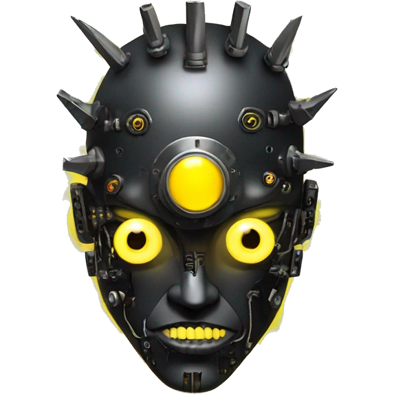 black metal cyborg head with circuitry, one artificial eyeball, and yellow Mohawk goatee emoji