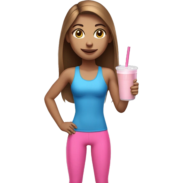 a girl with brown long straightened hair and blue eyes with pink leggings and pink sports top with a protein shake in her hand emoji