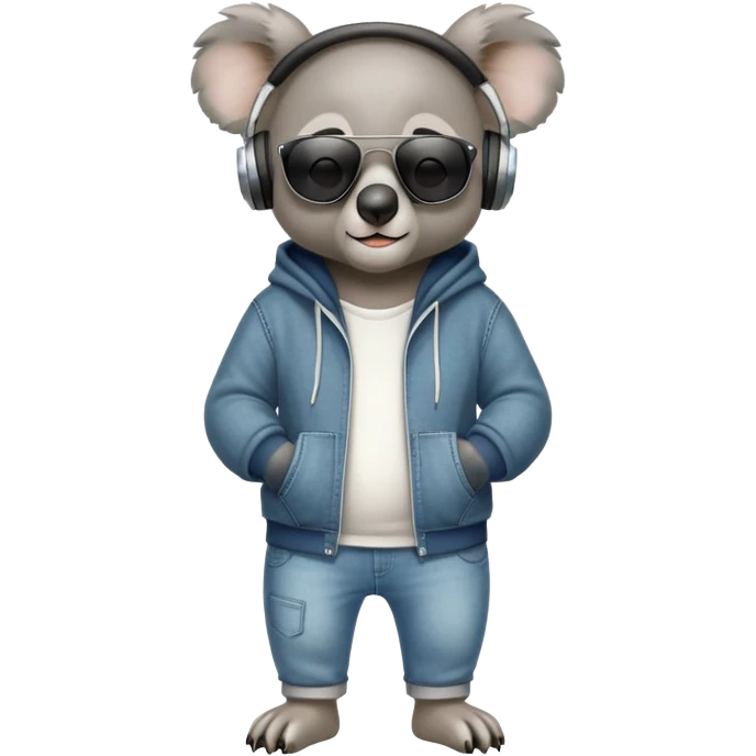 anthropomorphised koala full body wearing a hoodie and jeans dark sunglasses headphones emoji