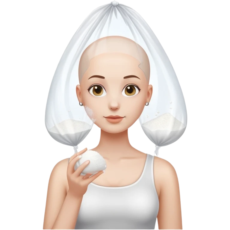 Bald girl holding a clear plastic bag with white powder  emoji