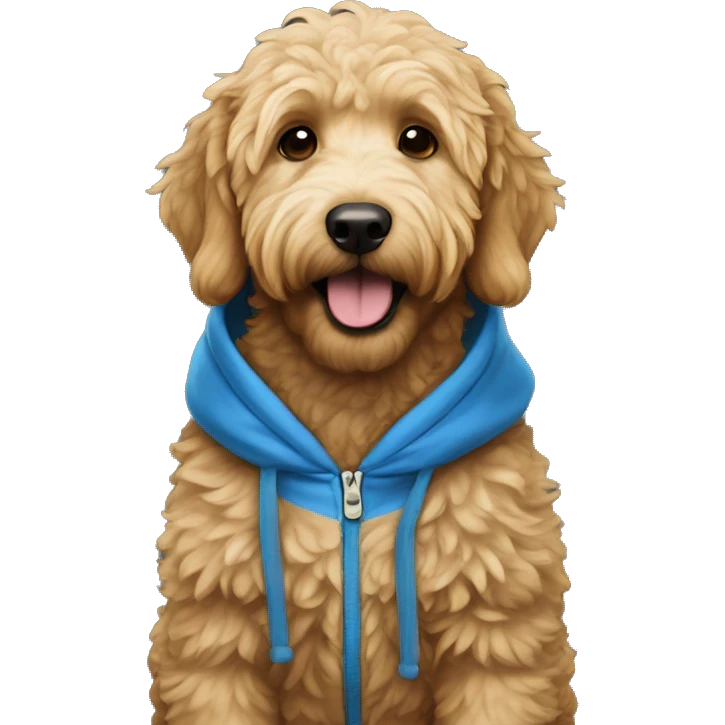 A golden doodle wearing a blue hoodie emoji