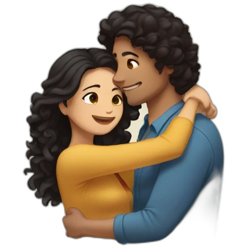 Hug between light brown guy with straight black hair and a long curly brown hair woman emoji