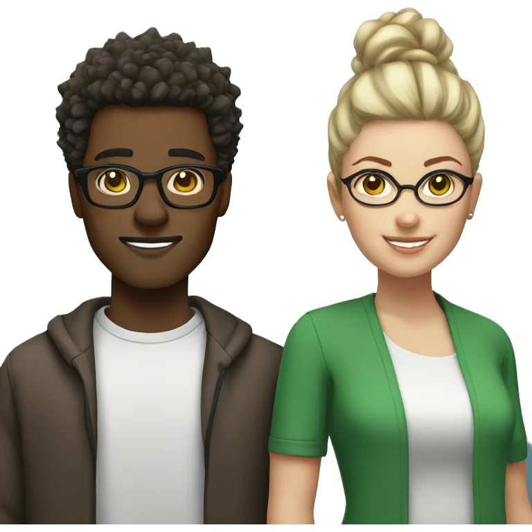 black male with spikey hair and glasses and white female with brown wavy hair , green eyes and glasses emoji