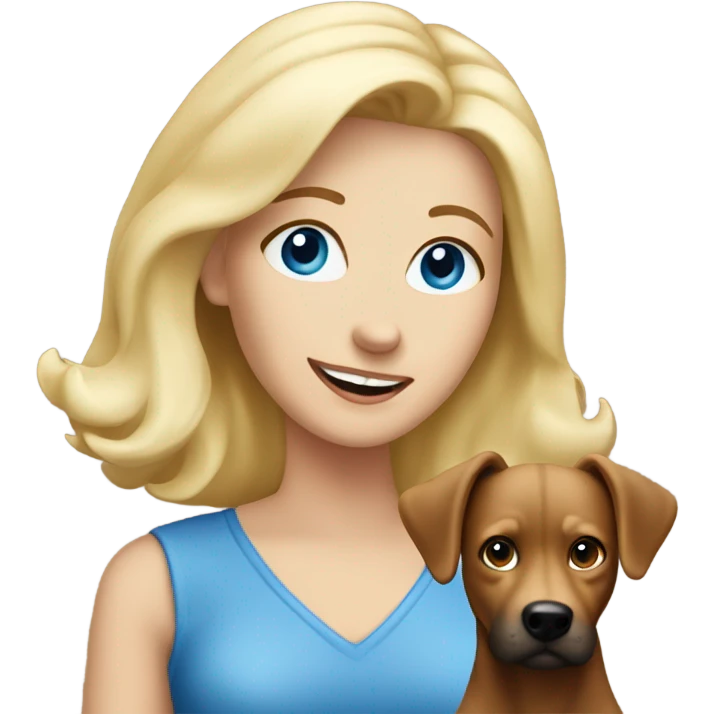 blue eyed blonde lady waving with brown dog emoji