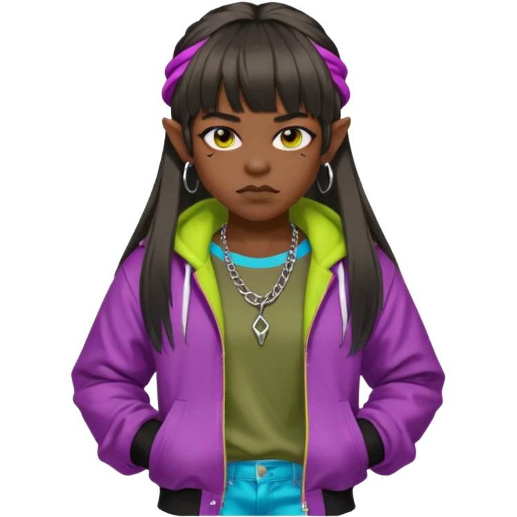  portrait-of-a-orc-k-pop-idol,-wearing-a-stylish-streetwear-outfit-with-layered-colorful-clothing,-long-hair-with-bangs,-makeup,- emoji