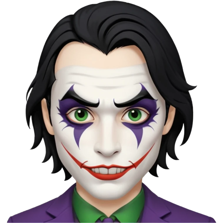 Faça uma pessoa com cabelo preto e pouco grande para frente com cara de coringa emoji
