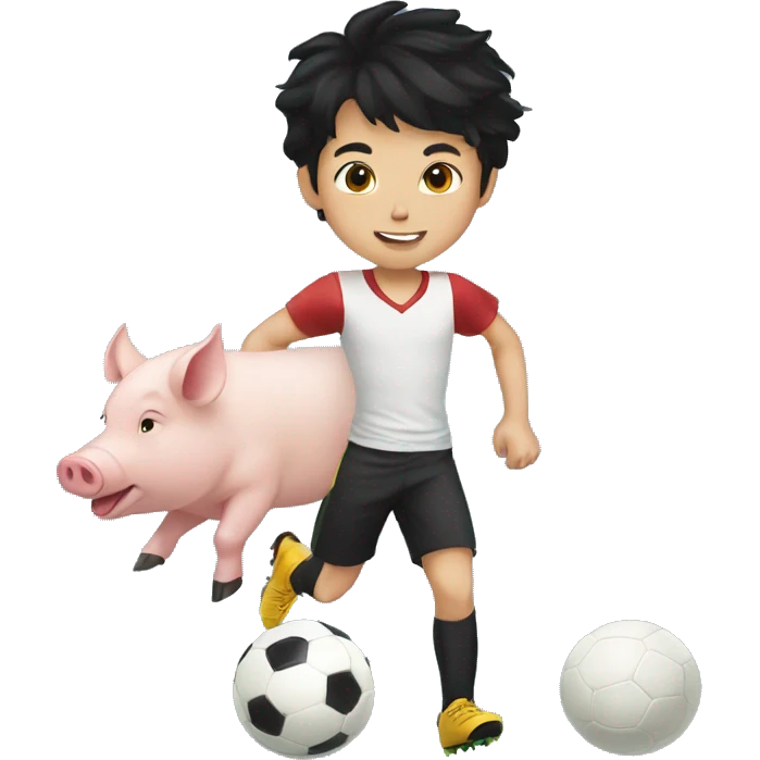 12 year old black haired white boy playing soccer with a pig emoji