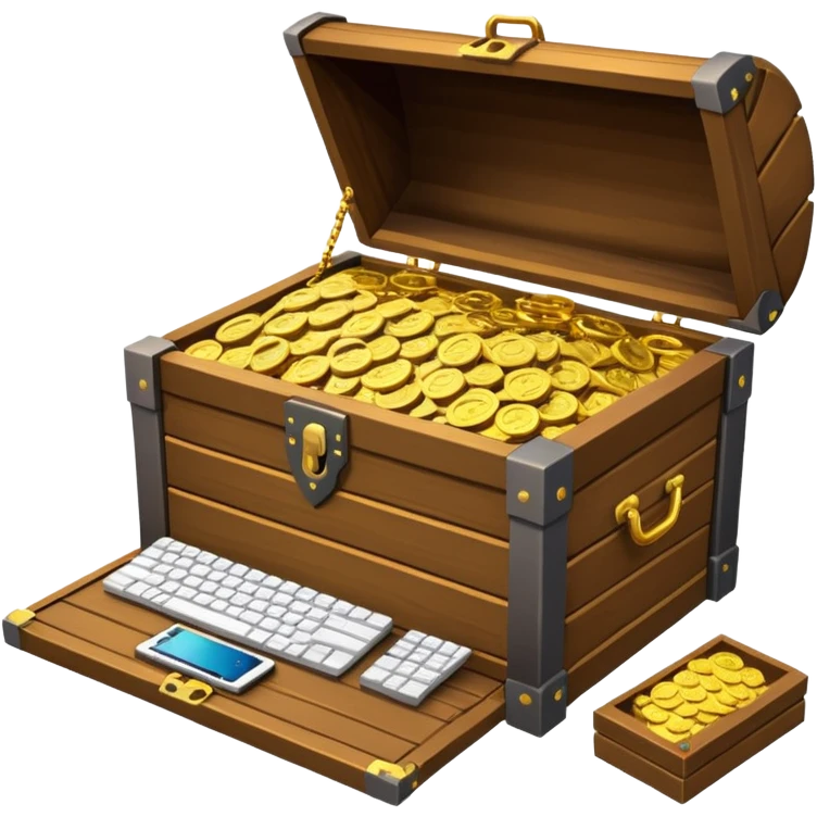 A high-quality 3D emoji of an open wooden treasure chest overflowing with high-end gaming hardware. The design is isometric, featuring sleek laptops, powerful graphics cards with visible fans, and small CPU chips scattered like gold coins. Apple emoji style. emoji