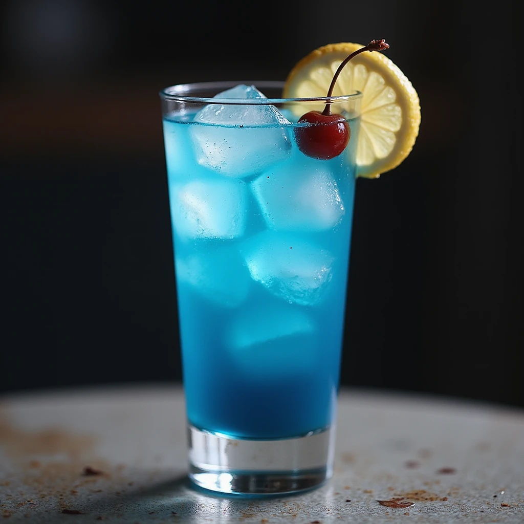 realistic blue lagoon cocktail in tall glass with blue drink, lemon wedge and cherry garnish, photorealistic style emoji