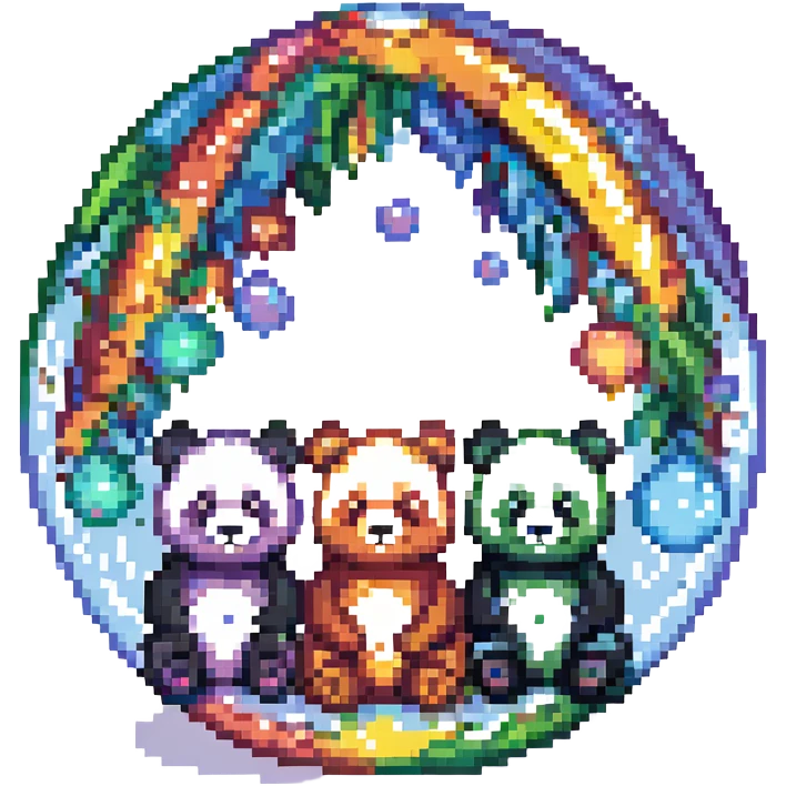 Cinematic still pandas bears sitting inside bubbles flying around San Francisco downtown, sunny summer day, happy vibe, colorfull surround, rainbow emoji