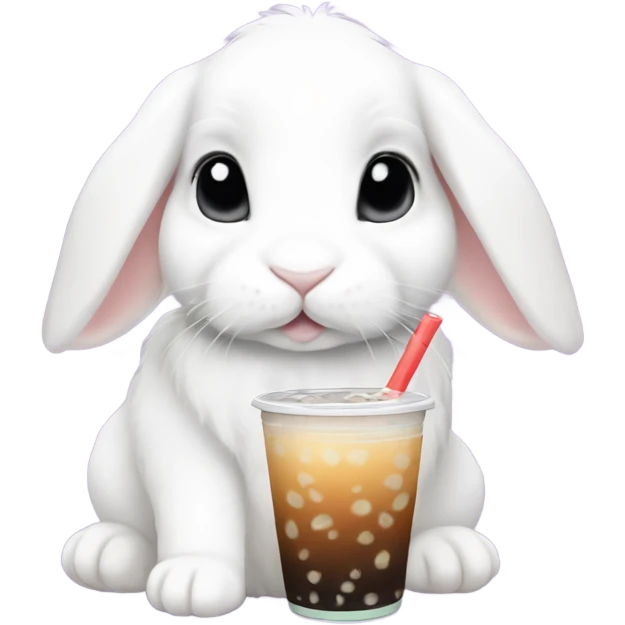 White mini lop rabbit drinking boba tea emoji