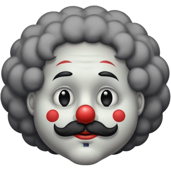 a melancholic clown character with a round gray face, half-closed sleepy eyes with long lashes, a big black round nose, and thick black mustache. Dark fluffy cloud-like hair on the sides of the head.  emoji