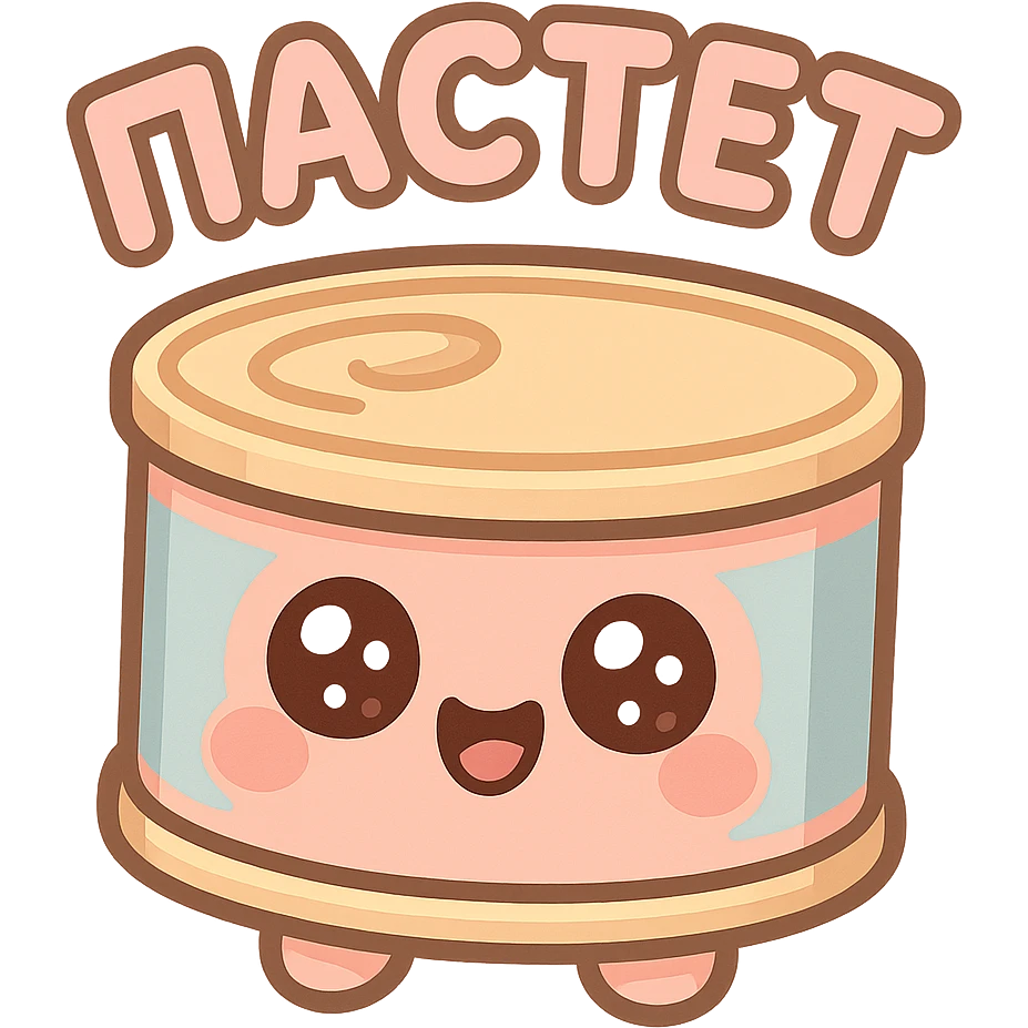 Chibi style cute pâté tin can character, big sparkling eyes, happy smiling face, tiny chubby proportions, kawaii emoji style, thick clean outline, simple shapes, soft pastel colors, flat illustration, transparent or white background, text on top saying "ПАСТЕТ" in bold cute Cyrillic letters, Twitch emote style, readable at small size emoji