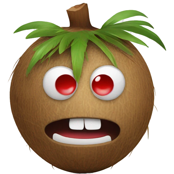 a coconut with a face on it looking down with red, puffy eyes, terrified by what it has done emoji