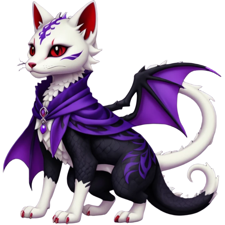 Kawaii feral, four-legged gothic dark badass black, red, purple, cute beautiful pretty elegant divine edgy feline-vernid-sergal-Haku-dragon-fursona-animal-creature, full body, with intricate detailed markings, silken shawl emoji