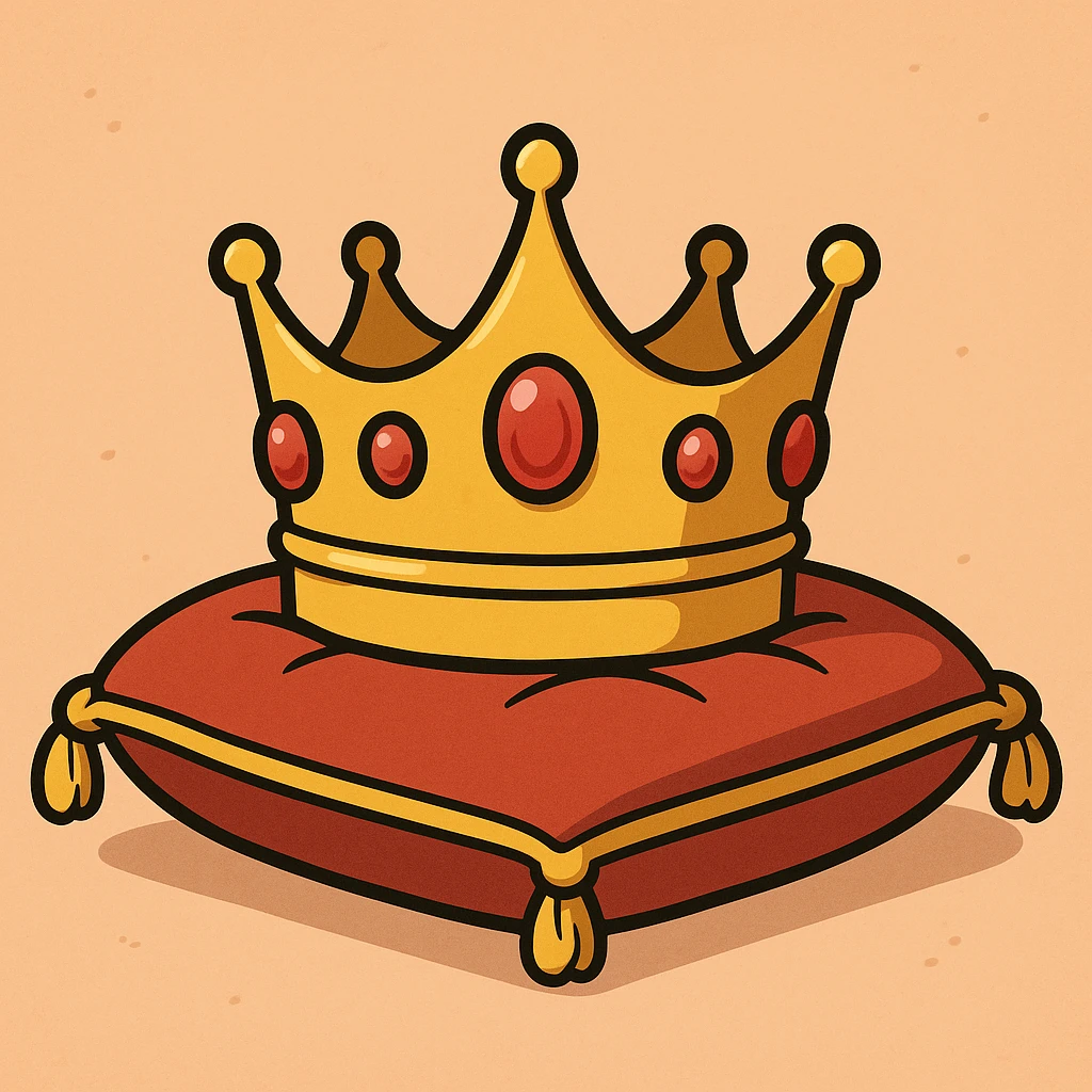 golden crown with rubies lying on a velvet pillow with golden edges emoji