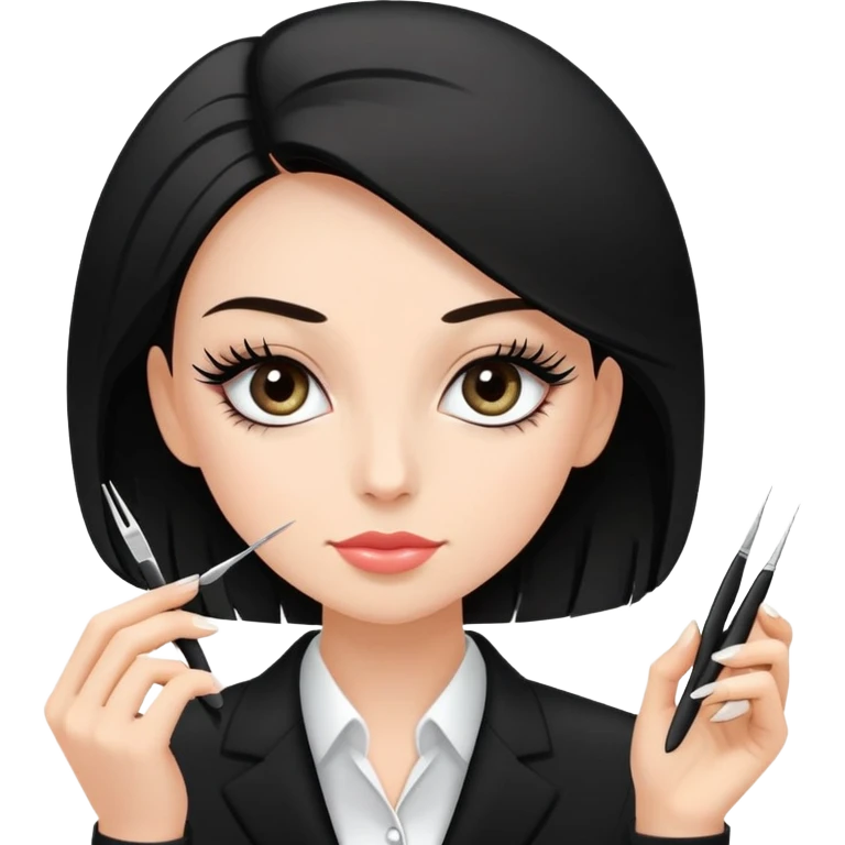 A girl with a black square, fair skin, with extended eyelashes in a black suit of a manicurist holds tweezers in her hands emoji