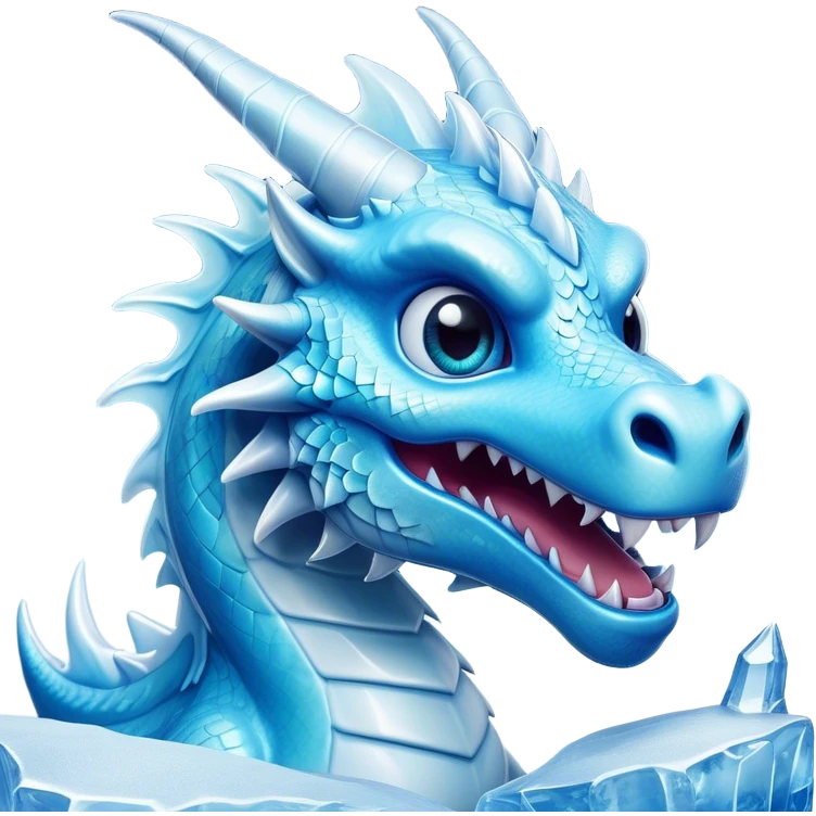Cinematic Comical Beautiful Ice Dragon Portrait Emoji, Head tilted dramatically with an exaggeratedly amused expression, featuring a striking, glossy icy body with bold, crystalline textures and wide, expressive eyes that shimmer with playful frost, rendered with vibrant, lifelike detail and dynamic, natural shadows, high shine, dramatic yet whimsical, styled with an air of cheeky arctic mischief, soft glowing outline, capturing the essence of a spirited and over‐the‐top ice marvel that looks ready to burst into a flurry of frosty fun! emoji