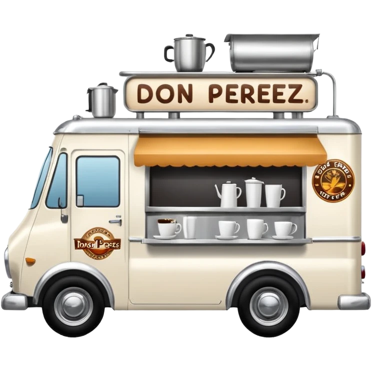 white coffee truck with "Don Perez" cafe sign emoji
