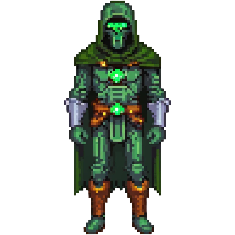 Doctor Doom standing with bright green eyes glowing through mask, full body emoji