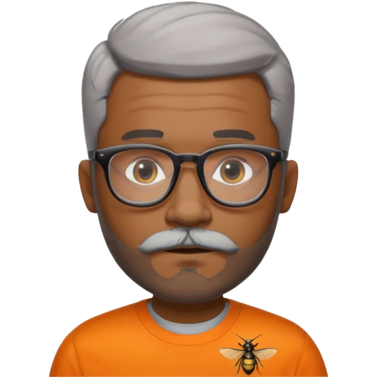 Derek, medium brown Black male, low fade haircut,slightly grey mustache fading into a grey beard, black rimmed browline glasses, wearing an orange shirt with hornets written on the front in black with white trim emoji
