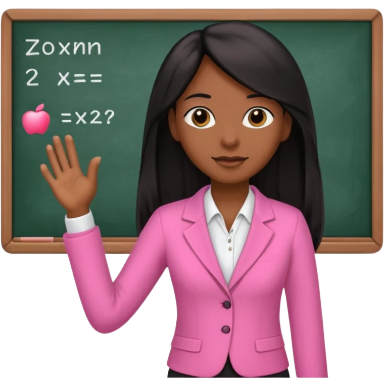 a brown skin teacher with hair with black straight long hair wearing pink not hot pink 2 piece set teaching up on a board emoji