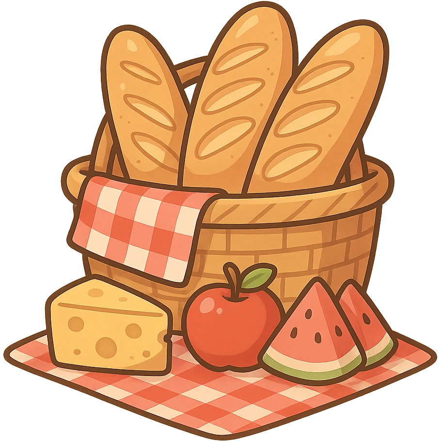 一些野餐的食物，一个餐篮子，里面放着许多面包 emoji