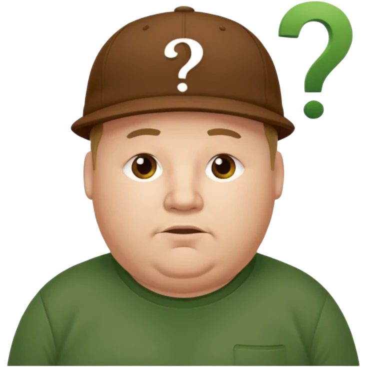 white fat man with brown cap and green t shirt printeed a question mark emoji