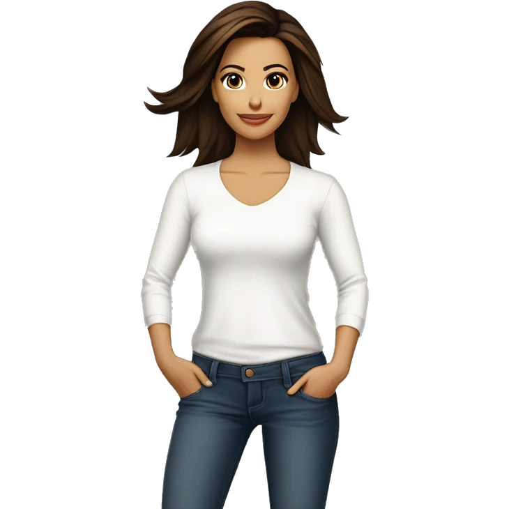 3/4 face, contrasted, shadow, light, Eva Longoria expression, standing from a distance, thin nose, brunette woman, hazel eyes, long eyelashes, dark shoulder shaded hair, white t-shirt, jeans, white sneakers emoji