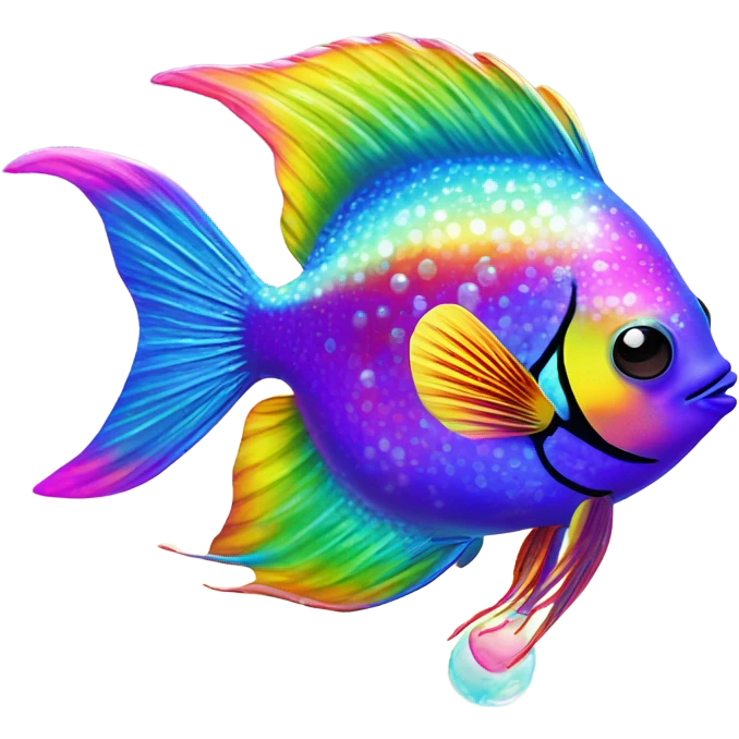 Lisa frank sparkly rainbow angel fish with heart bubbles emoji