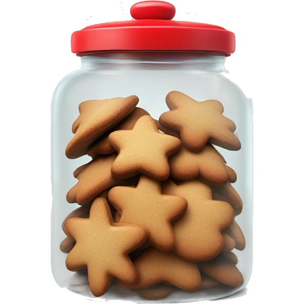 Realistic glass cookie jar with red lid full of gingerbread cookies isolated.  emoji
