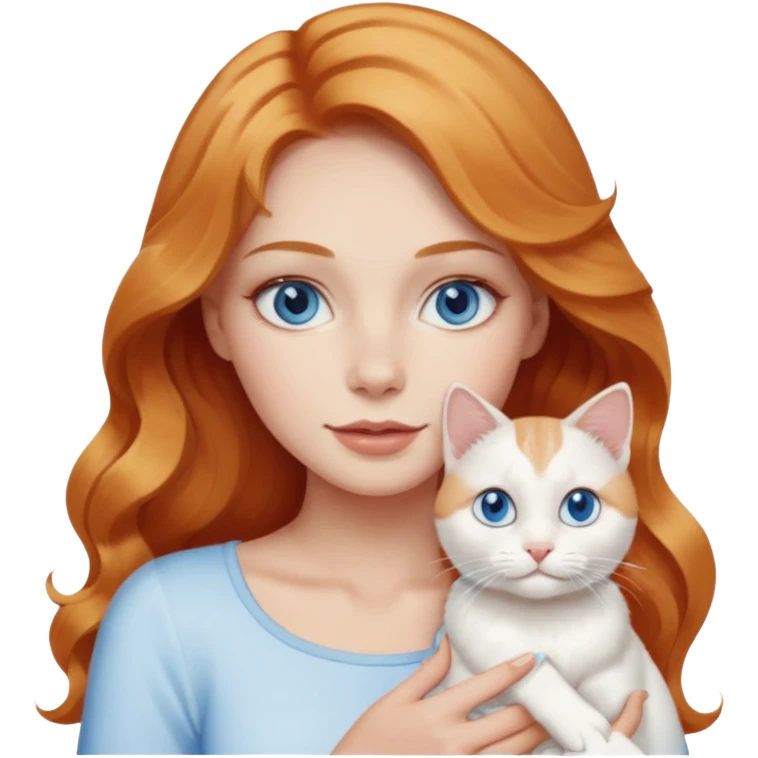 Long wavy strawberry blonde blue eyes woman with a white cat with blue eyes realistic  emoji