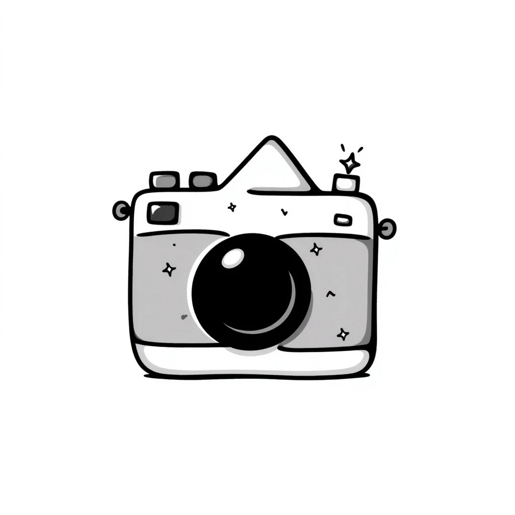 hand drawn doodle camera with sparkles and accents emoji