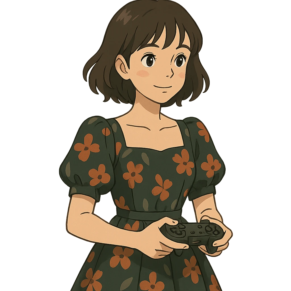 gamer girl in a stylish dress holding a game controller emoji