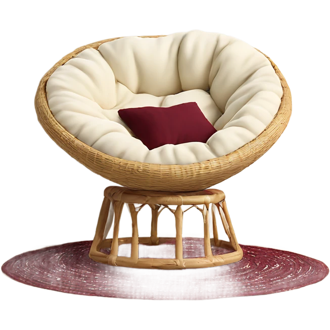 Cozy cream papasan chair with maroon pillow and cozy blanket emoji