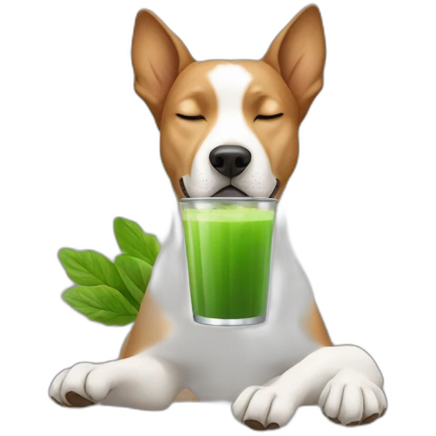 meditating dog drinking green juice with eyes closed emoji