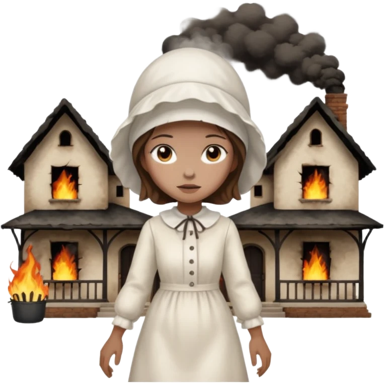 handmaids tale style woman burning house down walking away from house. shes wearing the nun hands maid tale hat cant see her face with brown hair  emoji