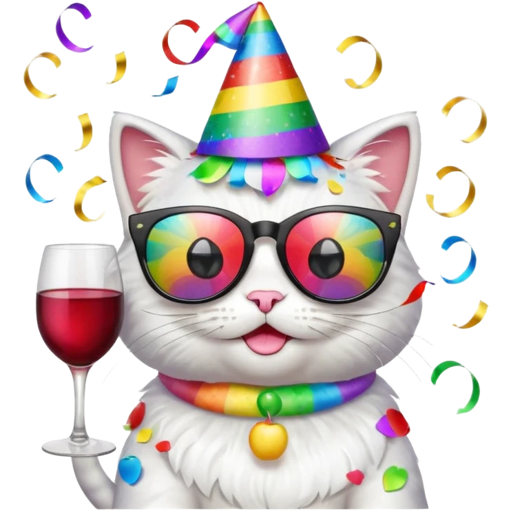 winking happy cat with a giant rainbow party hat, black sunglasses, and a wine glass, surrounded by confetti and streamers, apple emoji style emoji
