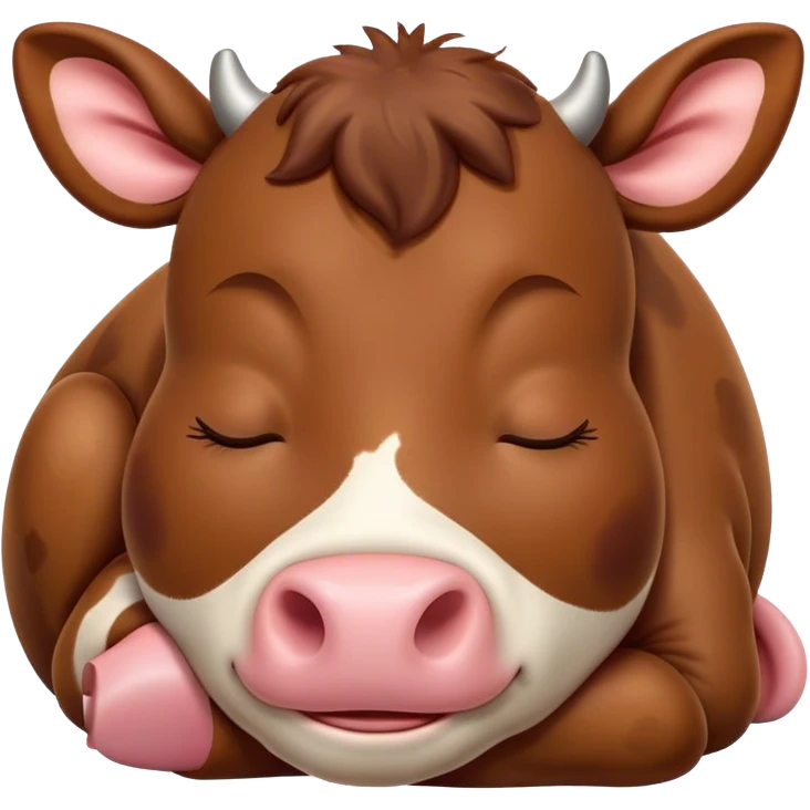 Meme-Worthy Cute Sleeping Brown Cow Portrait Emoji, Head resting peacefully with a contented smile, showcasing a robust build and a luxuriously soft deep brown hide, eyes shut in a serene, restful nap, Simplified yet hilariously adorable features, highly detailed, glowing with a soft, drowsy light, high shine, relaxed and utterly lovable, stylized with an air of playful laziness, bright and heartwarming, soft glowing outline, capturing the essence of a comically sleepy cow, so meme-worthy it feels like it could instantly become the next viral sensation of adorable slumber! emoji