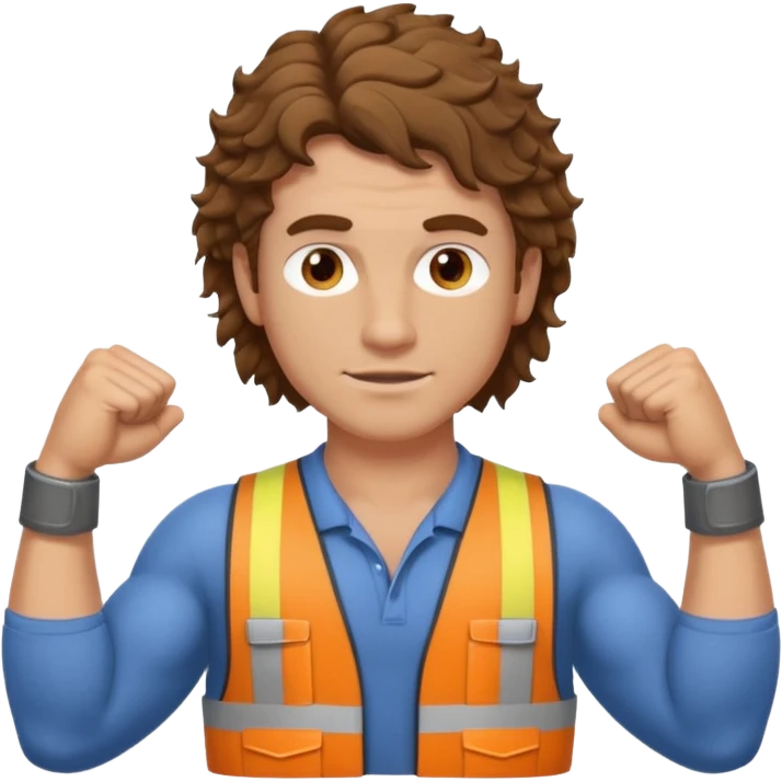 Hot white male builder with curly brown mullet hair and muscles emoji