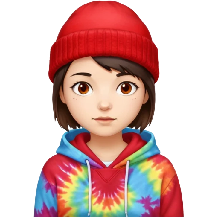 very short haired brunette girl with a red beanie on and a tiedye hoodie emoji