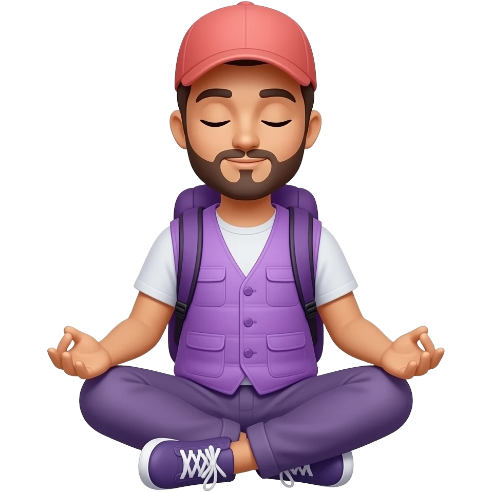 Man emoji, no beard, lilac vest and backpack, coral cap, meditating, peaceful, portrait, Apple emoji style, mostly lilac emoji