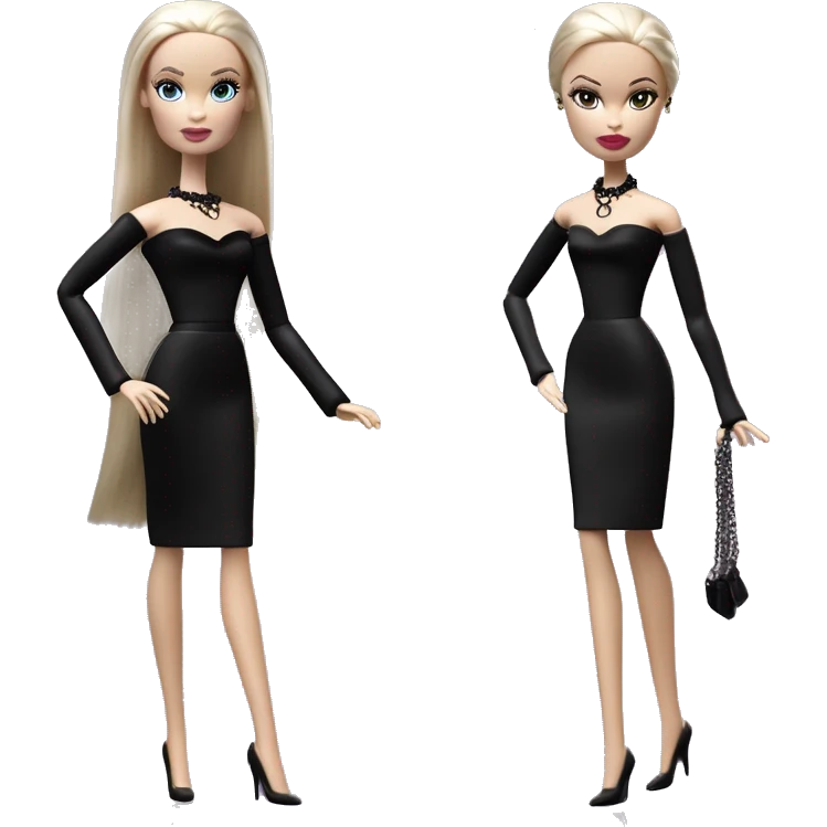  Elegant witch Wednesday Addams Barbie.  Small very light skin face. Earrings with matching necklaces Long silky hair. black flowing strapless tight evening gown neckline that’s off-the-shoulders shows her legs and black high heel shoes. emoji